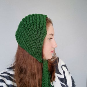 green wool bonnet hat / knitted headband / head hair scarf bandana / knitted headband / vintage head scarf / neck warmer scarf image 3