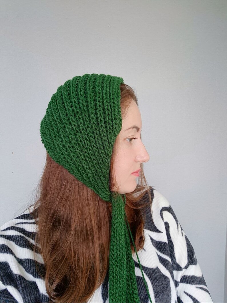 green wool bonnet hat / knitted headband / head hair scarf bandana / knitted headband / vintage head scarf / neck warmer scarf image 3