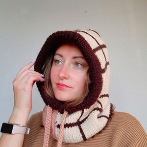 color block winter hood / chunky knit / wool hat balaclava / scarf with hood / winter hats / pixie hood / cowl scarf image 4