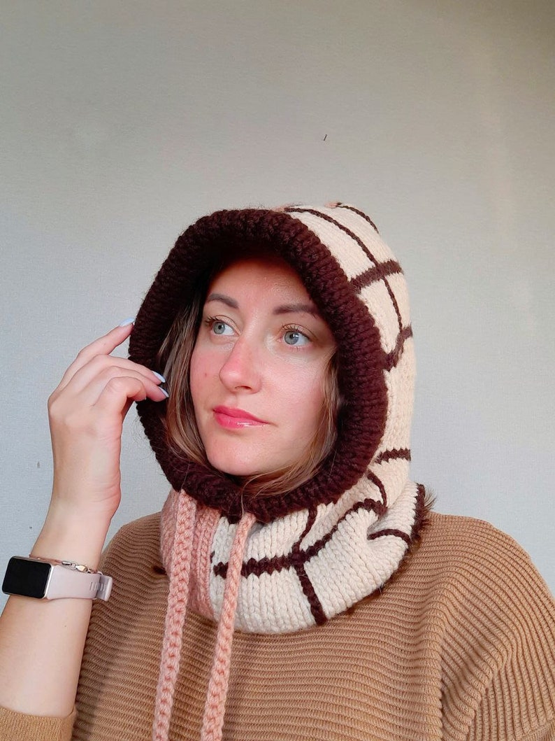 color block winter hood / chunky knit / wool hat balaclava / scarf with hood / winter hats / pixie hood / cowl scarf image 4