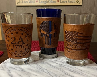 Premium Leather Pint Glass Koozie Wrap for Gifts, Weddings, Birthdays or just for fun.