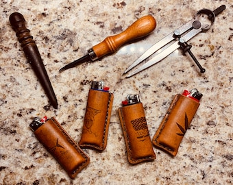 Leather Lighter Case for BIC, Hand Stitched, Engraved Design
