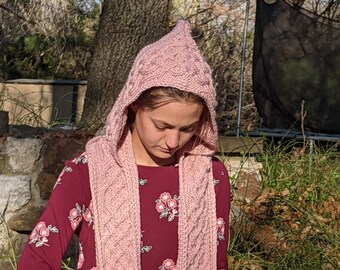 Knitted Hooded Scarf Pink Celtic ScarfScoodie Elf Hood Christmas Scarf