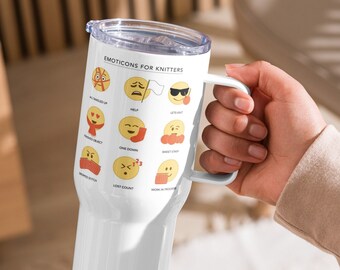 Funny Knit Emoji Travel mug with a handle / Funny Knitters To Go Mug / Travel Tumbler/ Knitter Gift / Knitting Tumbler Mug/ Knit Mug
