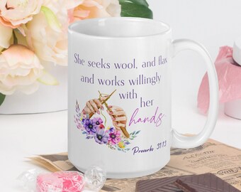 Christian Woman Knit mug / Proverbs 31 Woman knit mug/ Knitter Gift / Gift for Mom/ Gift for Daughter / Christian Housewarming gift