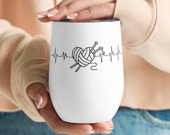 Knit Love Heartbeat Wine tumbler / Funny Knitting Yarn Heart Mug/ Knitter Gift/ Gift for Grandma / Love Knitting  To Go MUG/ Gift for Mom