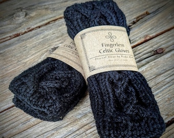 Knit Celtic Black Fingerless Gloves, Renaissance  Arm Warmers, Outlander Texting or Driving Long Gloves, Teen Gift, Cottagecore Witch Gloves