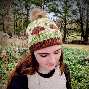 Mushroom Cottagecore Beanie Hat/  Hat with Fur Pom Pom / Adult Crochet Mushroom Beanie / Knit Fall Winter Hat /Cottagecore Hat