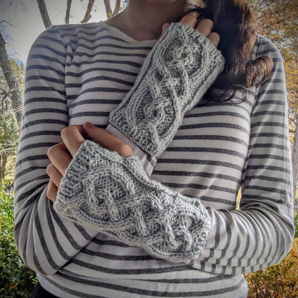 Knit Outlander Fingerless Arm Warmers Gray, Celtic Texting or Driving Long Gloves, Fall Birthday Teen Gift,