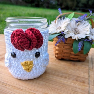 Farmhouse Mason Jar Chicken/ Rooster Crochet Cozy - Eco-Friendly Farming Lifestyle Drink Sleeve - Housewarming Gift - Rooster Decor