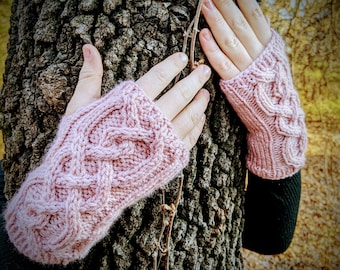 Knit Celtic Fingerless Arm Warmers Pink, Outlander Texting or Driving Long Gloves, Practical Valentine Gift, Teen Gift,