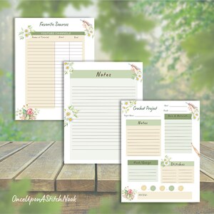 May include: Printable crochet project planner with floral and bird illustrations. The planner includes sections for YouTube channels, notes, yarn and materials, hook and gauge, stitches, and a review section.