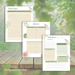 May include: Printable planner pages with a floral design featuring daisies and a green background. The pages include sections for crochet project notes, wish list, daily planner, and daily reflections.