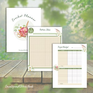 May include: A printable crochet planner with a floral design. The planner includes sections for pattern ideas, a pattern grid, and a project budget.
