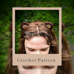 May include: Crochet pattern for a brown bear ear headband. The headband is worn by a person with brown hair. The text "Crochet Pattern" and "OnceUponAStitchNook" is visible in the image.