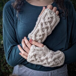 Knit Celtic Fingerless Arm Warmers Cream, Outlander Texting or Driving Long Gloves, Cottagecore Elf Teen Gift, Practical Gift for Her image 4