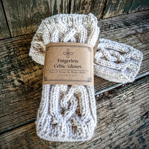 Knit Celtic Fingerless Arm Warmers Cream, Outlander Texting or Driving Long Gloves, Cottagecore Elf Teen Gift, Practical Gift for Her