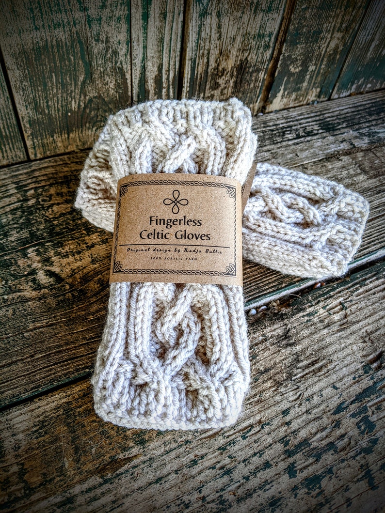 Knit Celtic Fingerless Arm Warmers Cream, Outlander Texting or Driving Long Gloves, Cottagecore Elf Teen Gift, Practical Gift for Her image 1