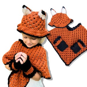 May include: A crocheted fox costume for children, featuring a hat, poncho, and mittens. The costume is orange and black with a fluffy tail.