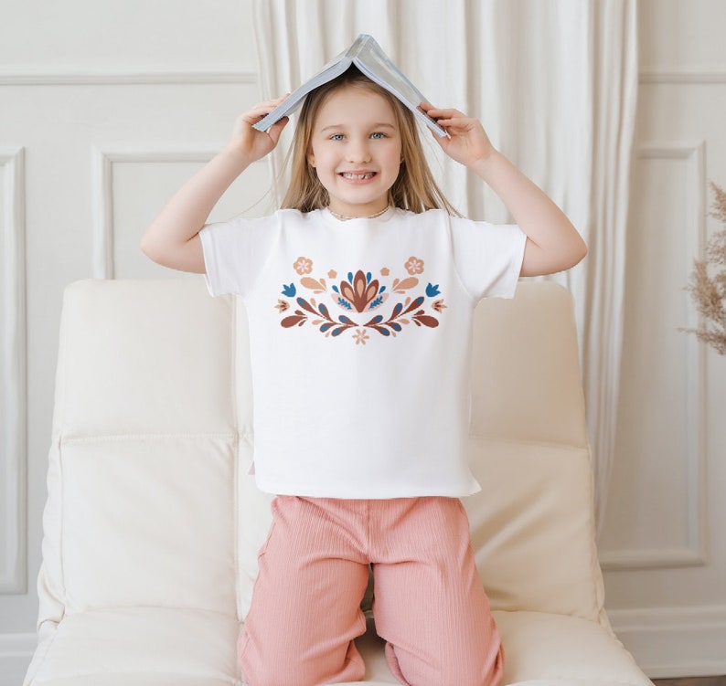 Norweger Rosemaling Mädchen Jugend Jersey T-Shirt / Einfaches Skandinavisches Mädchen-Shirt / Frozen Anna Shirt Bild 1