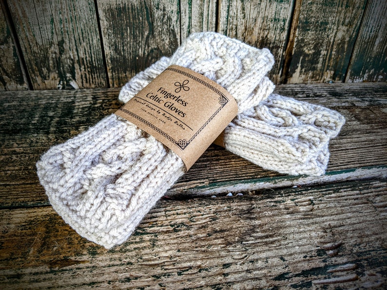 Knit Celtic Fingerless Arm Warmers Cream, Outlander Texting or Driving Long Gloves, Cottagecore Elf Teen Gift, Practical Gift for Her image 8