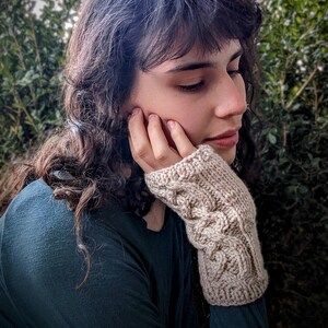 Knit Celtic Fingerless Arm Warmers Cream, Outlander Texting or Driving Long Gloves, Cottagecore Elf Teen Gift, Practical Gift for Her image 7