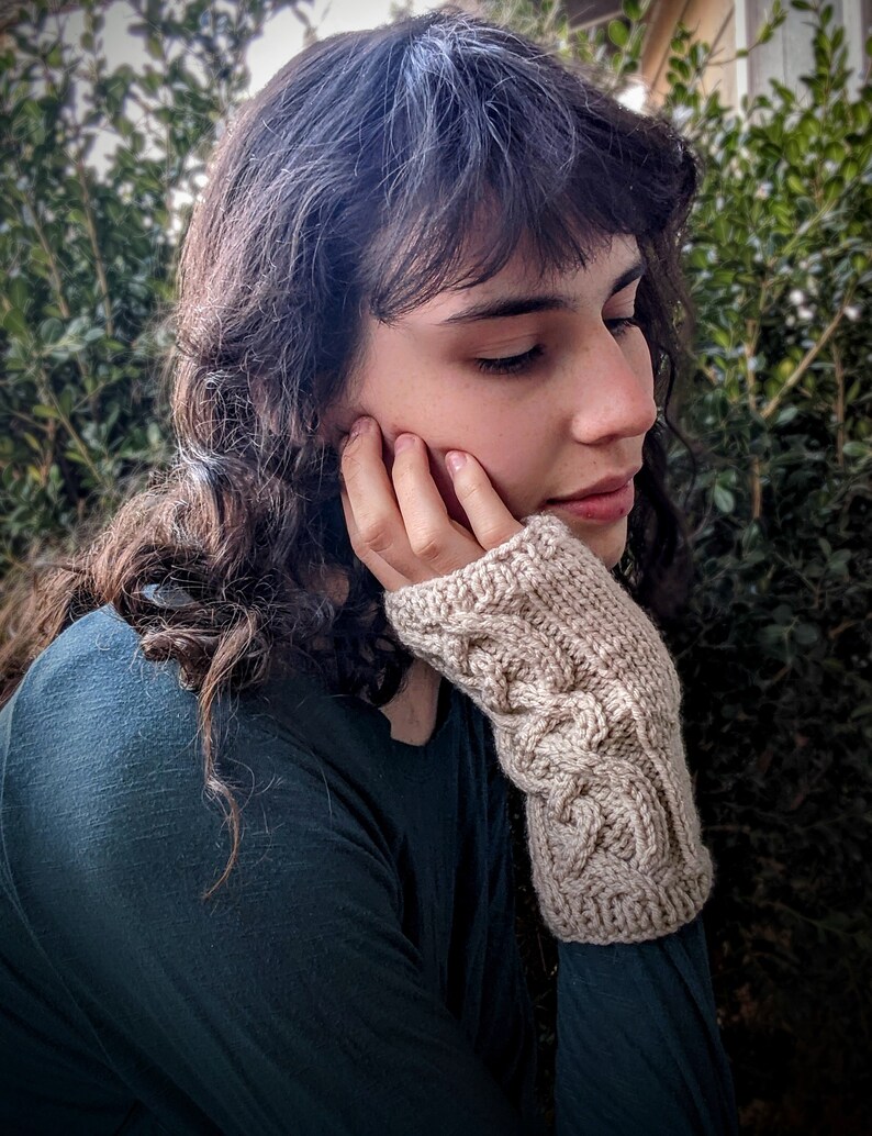 Knit Celtic Fingerless Arm Warmers Cream, Outlander Texting or Driving Long Gloves, Cottagecore Elf Teen Gift, Practical Gift for Her image 7