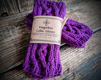 Knit Celtic Fingerless Arm Warmers Purple, Outlander Texting or Driving Long Gloves, Practical Valentine Gift,  Teen Gift,