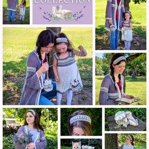 May include: The image showcases the "Cottage Lavender Collection" with various crochet items. Featured are a long purple cardigan with white and green trim, a matching headband, and a small purse. A young girl is wearing a matching dress and headband. The collection has a lavender theme.