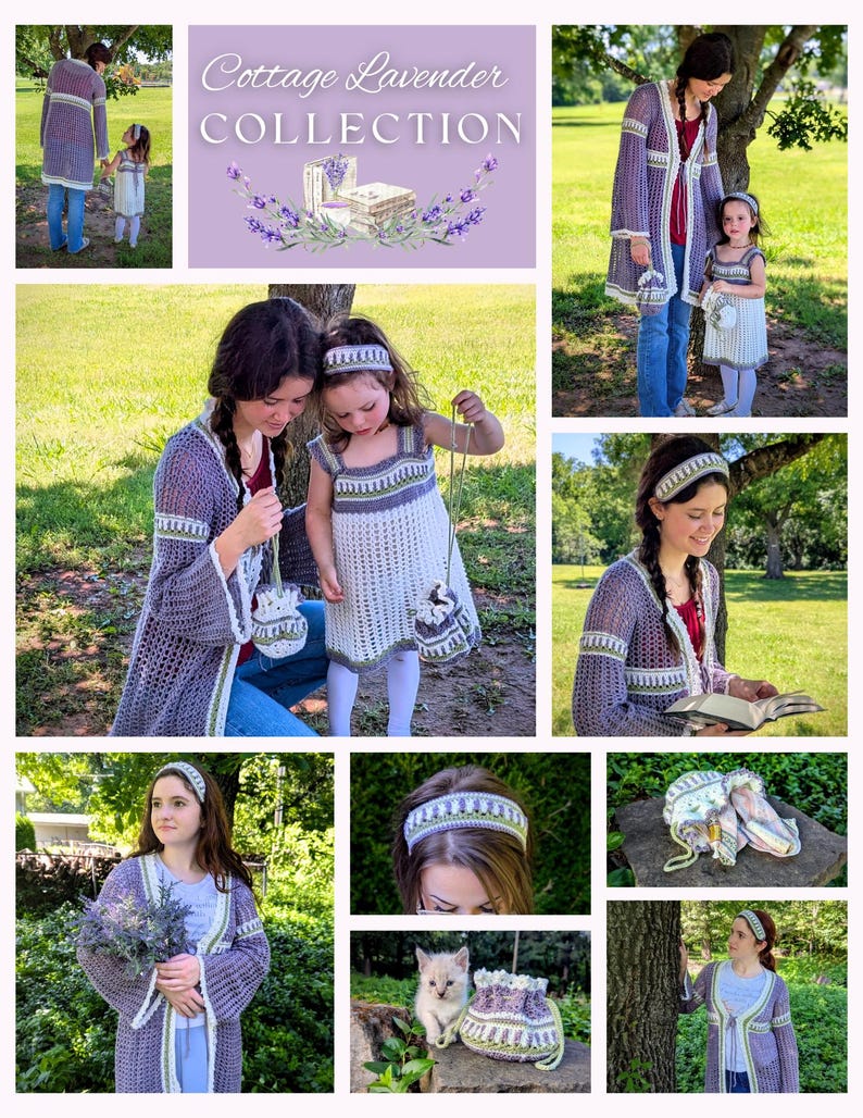 May include: The image showcases the "Cottage Lavender Collection" with various crochet items. Featured are a long purple cardigan with white and green trim, a matching headband, and a small purse. A young girl is wearing a matching dress and headband. The collection has a lavender theme.