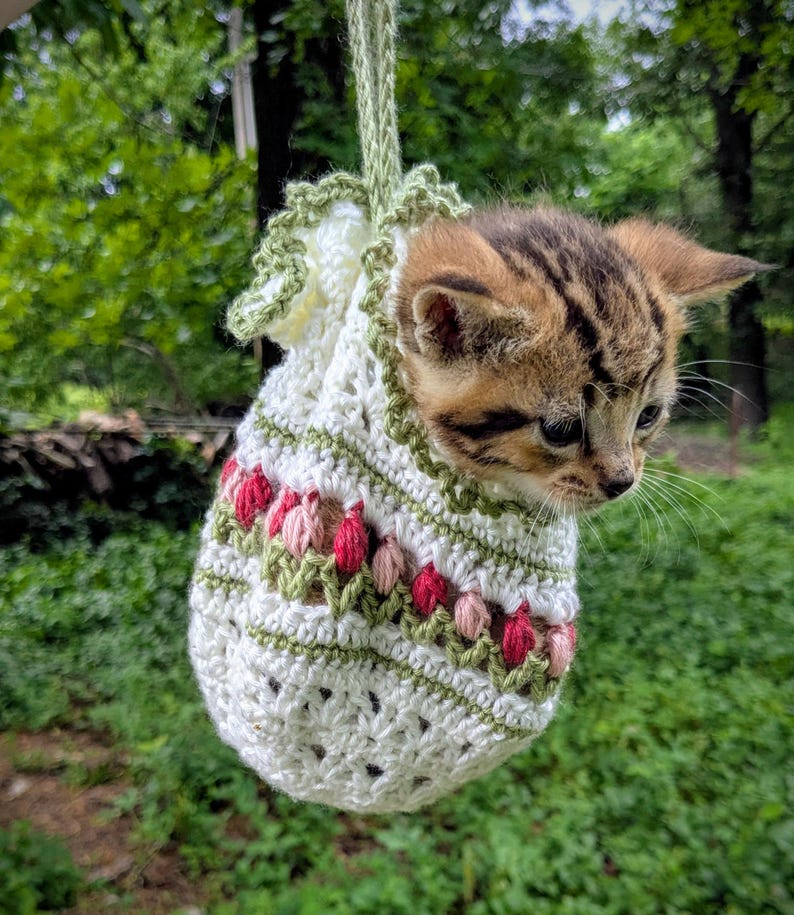 May include: A small tabby kitten peeks out of a white crochet bag with a green trim and strap. The bag is decorated with red and pink floral patterns. The background is a blurred view of green foliage.