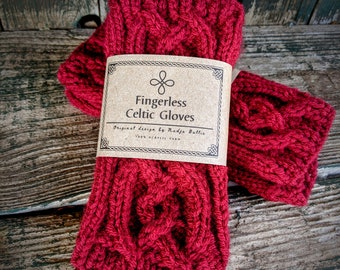 Knit Red Celtic Fingerless Arm Warmers, Crimson Long Texting Gloves, Teen Gift, Practical Valentine Holiday Gift