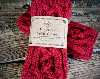 Knit Red Celtic Fingerless Arm Warmers, Crimson Long Texting Gloves, Teen Gift, Practical Valentine Holiday Gift