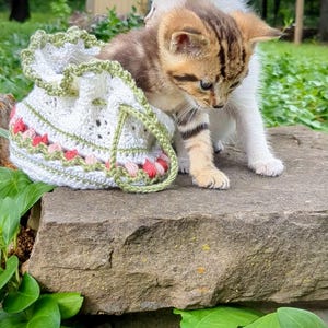 May include: Two kittens, one brown tabby and one white, stand on a stone surface next to a white crochet drawstring bag with green and pink accents. The bag has a green border and a matching drawstring. Green foliage is visible in the foreground and background.