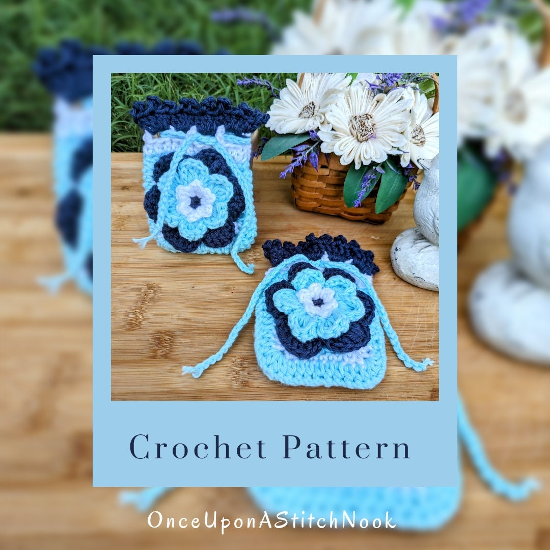 Small Sachet Pattern Crochet Blue Flower Sachet Pattern / Small Pouch Crochet Instructions ...