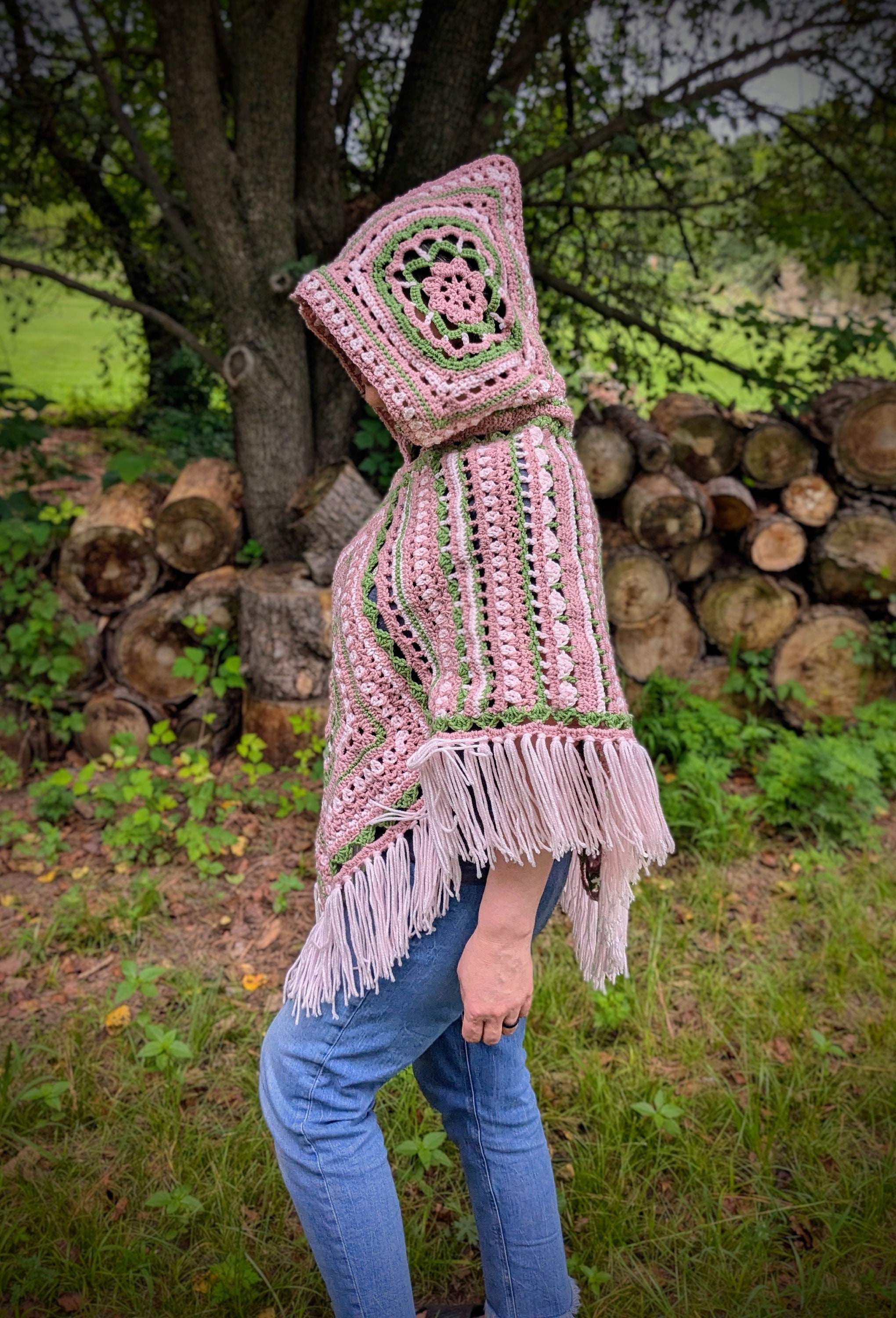 Custom Crochet Hooded Hippie Adult Poncho / Woodland Fairy Customizeable I Poncho/ 3 Color Poncho/ Adult Kerchief Triangle Poncho