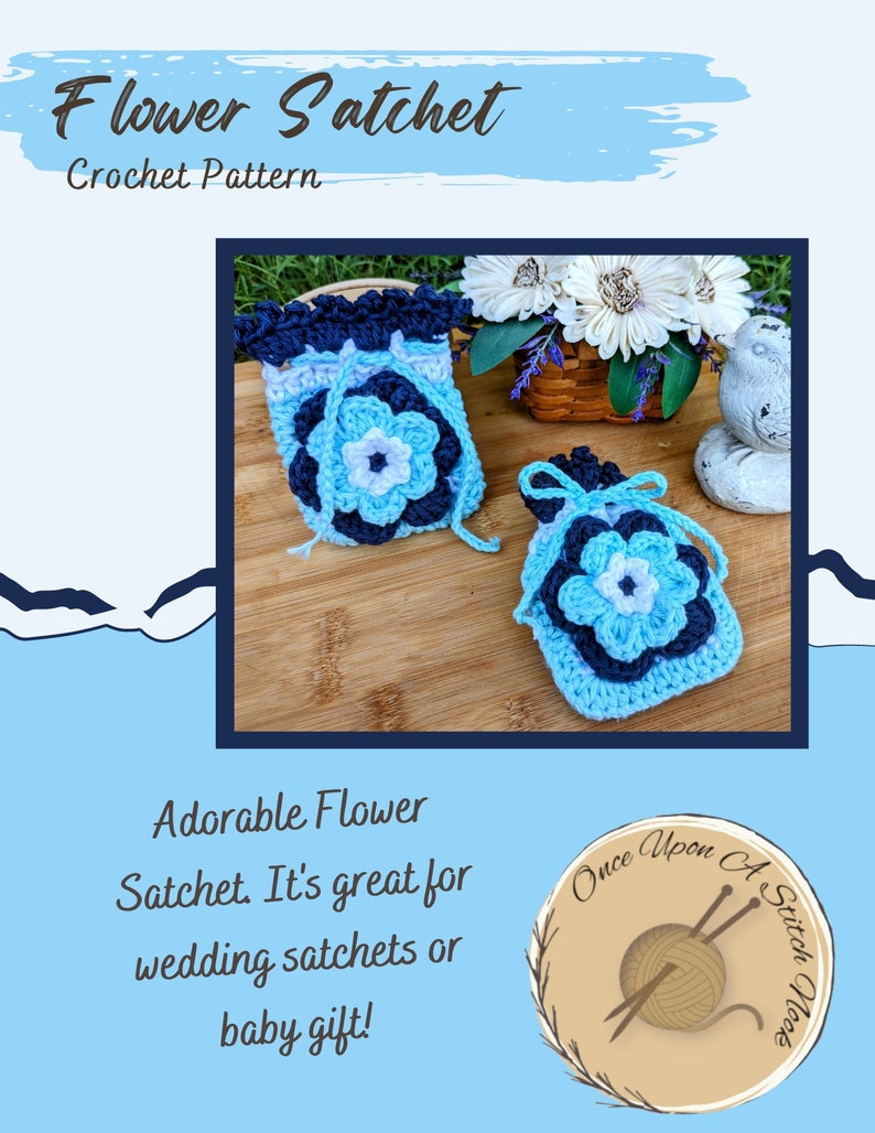 Small Sachet Pattern Crochet Blue Flower Sachet Pattern / Small Pouch Crochet Instructions ...