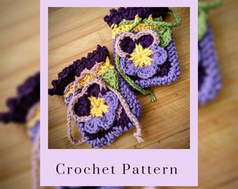 Crochet Pansy Satchet Pattern / Intermediate Crochet Instructions/ Floral Flower Mini Bag/ PDF download file / Crochet Kawaii Baggie