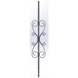 May include: A decorative wrought iron baluster with a dark gray finish. The baluster features a central vertical bar with a twisted design, and decorative scrollwork in the shape of hearts.