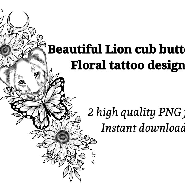 Красивый львенок бабочка цветочный дизайн татуировки