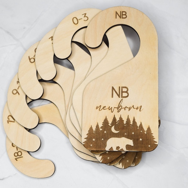 Bear in Forest at Night with Stars and Crescent Moon Baby Closet Dividers - Engraved Wooden Hangers for Newborn to 24 Months