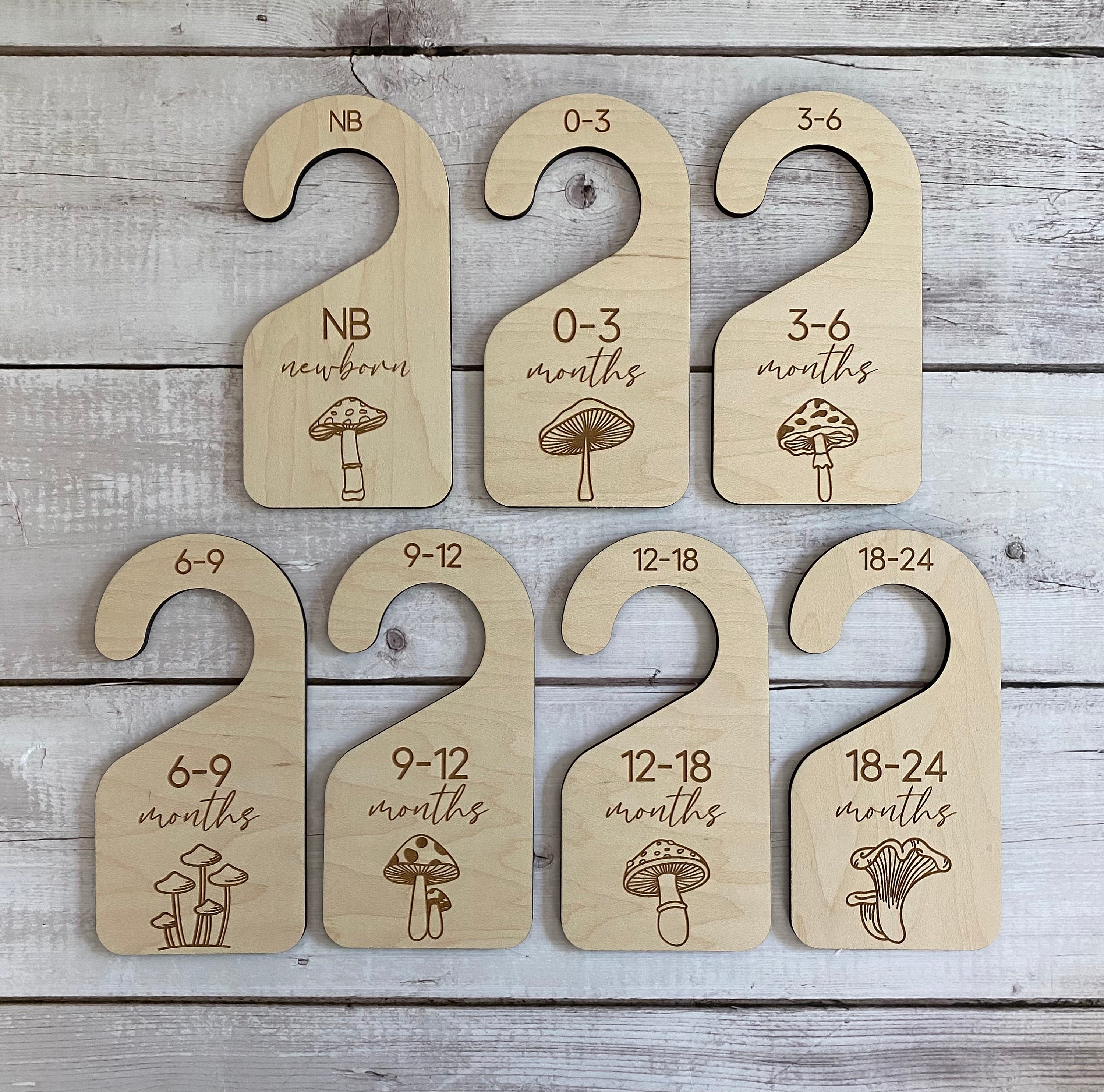 Mushroom-Themed Baby Closet Dividers - Engraved Wooden Hangers for Newborn to 24 Months