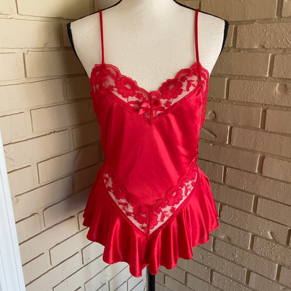 Vintage Petra Fashions Red lace Satin Teddie Bodysuit cheeky Sz Medium M USA