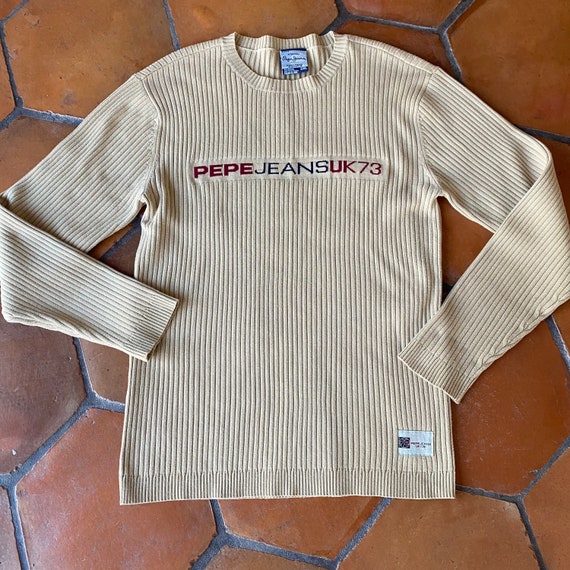 Pepe Jeans London UK 73 8 2209 Tan Embroidered Sweater Vintage 90s