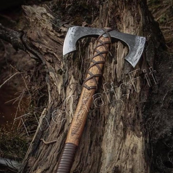 Double Blade Viking Axe | Custom Hand forged steel double blade Viking axe | Rose Wood handle Leather rapping