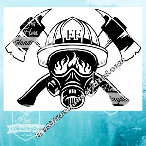 May include: Black and white graphic of a firefighter's helmet with the letters "FF", a gas mask, and crossed axes. The design includes flames and the text "His N Hers Handcrafted.com".