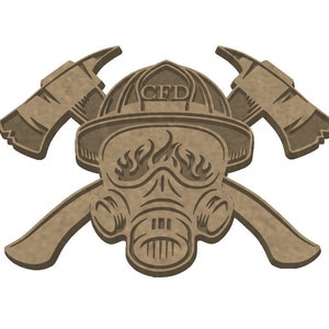 May include: A brown wooden firefighter helmet with the letters "CFD" on the front, crossed axes behind the helmet, and a gas mask with flames in the background.