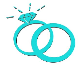 May include: Two turquoise blue interlocking rings with a sparkling blue diamond on top. The rings are a symbol of love and commitment.