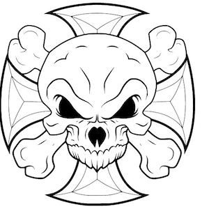 May include: A black and white line drawing of a skull with crossbones inside a cross shape.