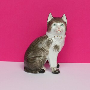 Antique Victorian Staffordshire Porcelain Seated Tabby Cat